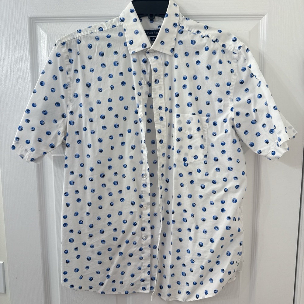 Men's White and Blue Polka Dot Shirt